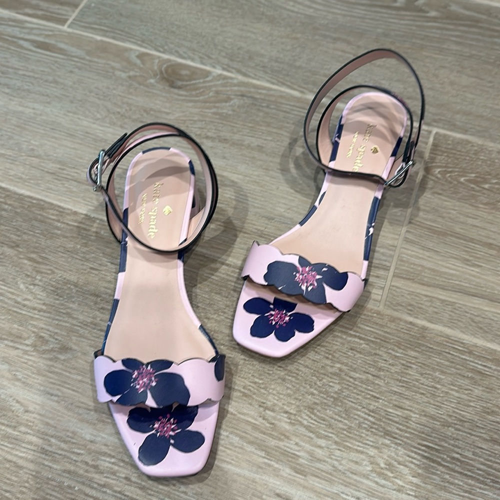 Kate Spade pink and navy floral flats with a wrap around ankle strap
